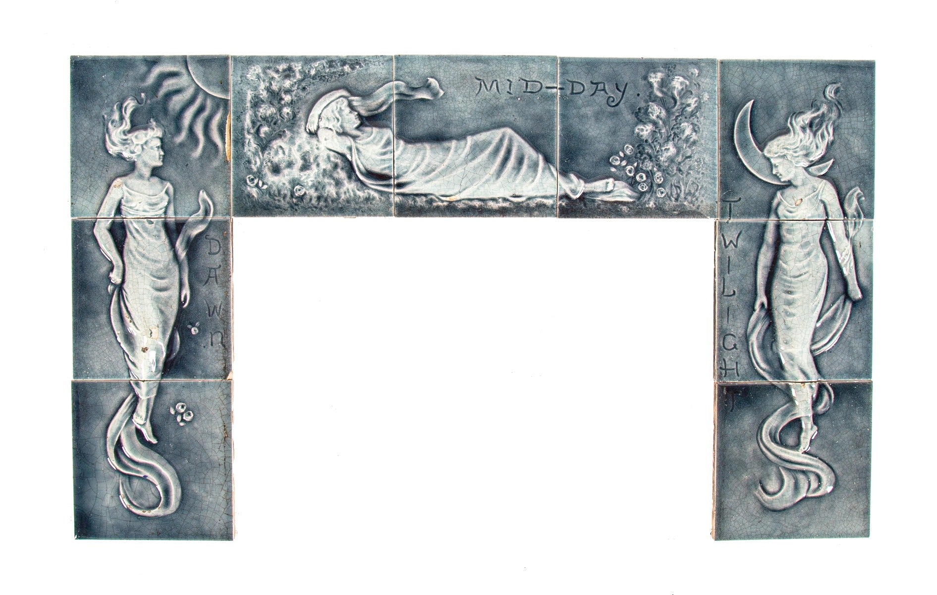 group of 19th century all original salvaged chicago richly colored and finely detailed full-figure fireplace tiles