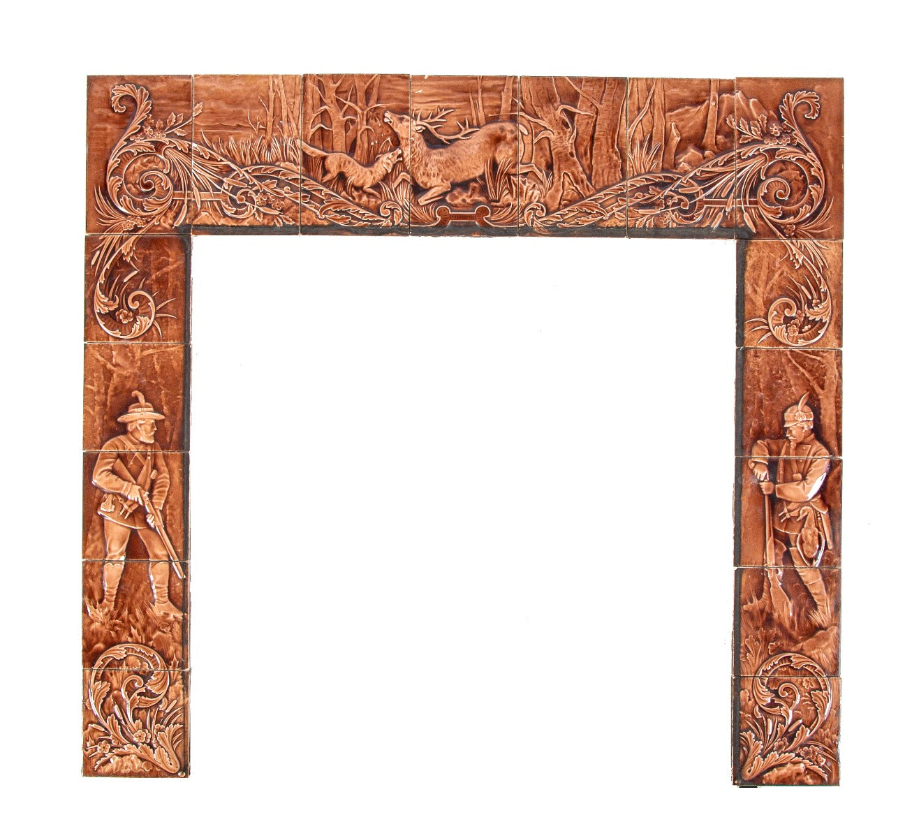 rare 19th century original and completely intact 19th century isaac broome-designed hunting scene fireplace majolica tile surround