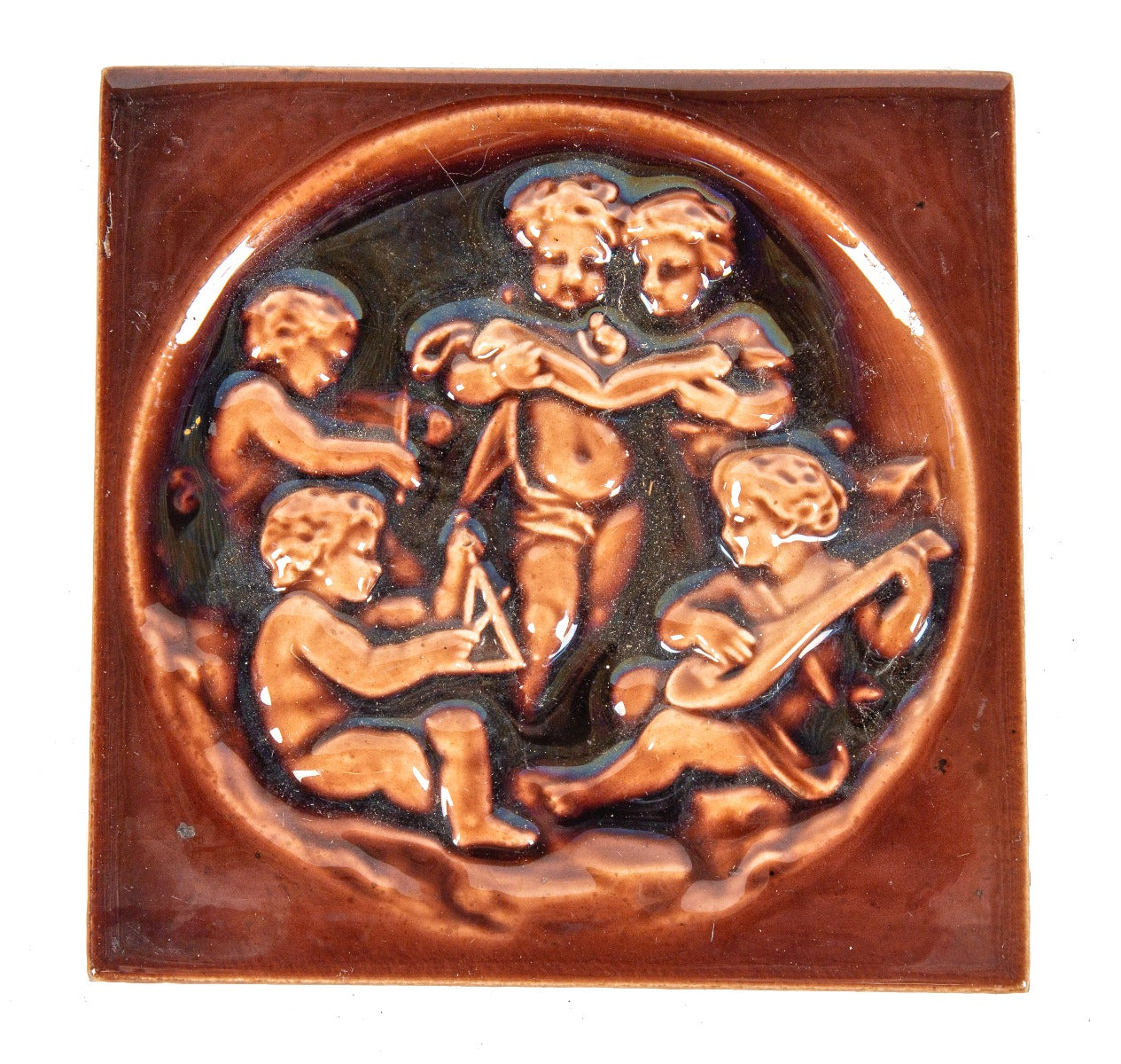 impressive 19th century original salvaged chicago mauve-colored majolica-glazed victorian figural fireplace tile