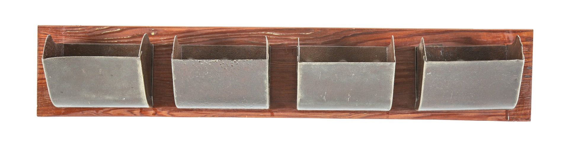 salvaged chicago industrial folded and pressed steel conveyor belt bucket repurposed wall-mount multi-purpose storage rack