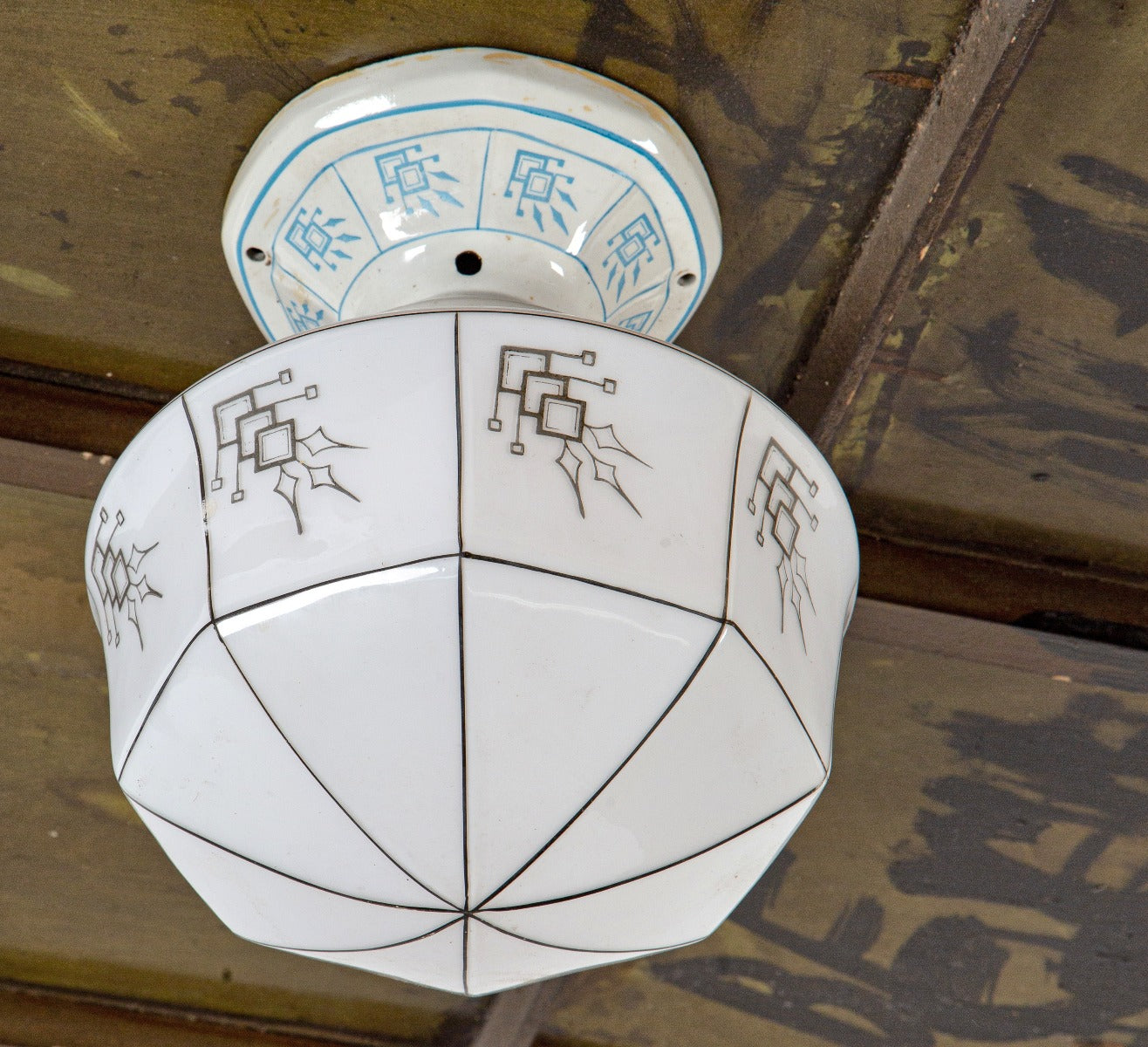 highly sought after original single electric light art deco style interior residential pendant with baked enameled accent