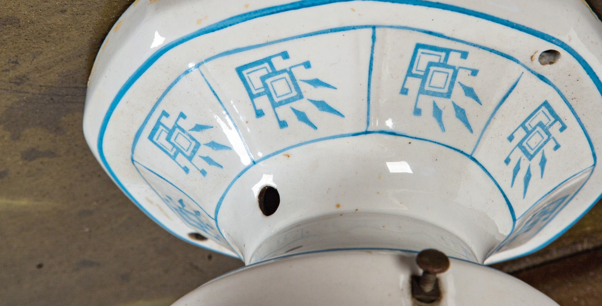 highly sought after original single electric light art deco style interior residential pendant with baked enameled accent