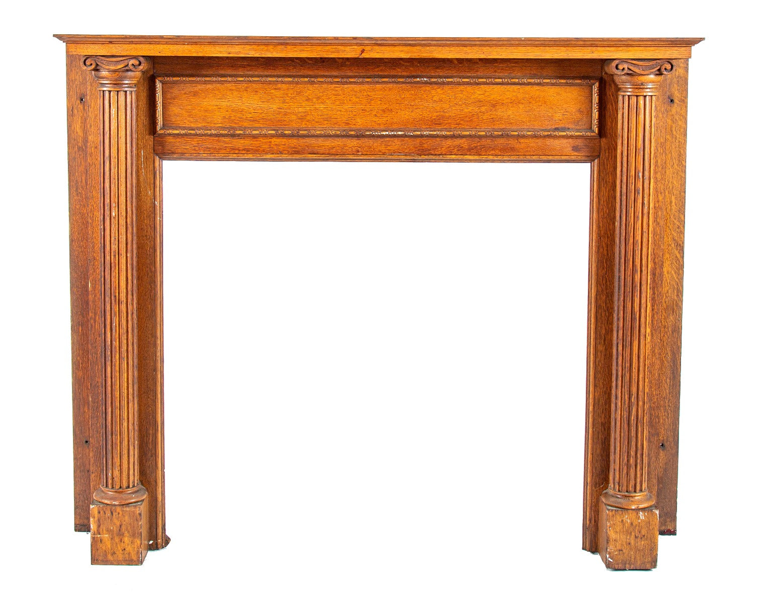 all original and amazingly intact 19th century antique american salvaged chicago quarter-sawn oak wood fireplace mantel