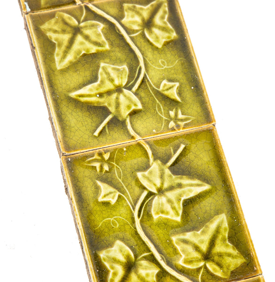 19th century richly colored antique american majolica olive green glazed residential tile surround with centrally located figure
