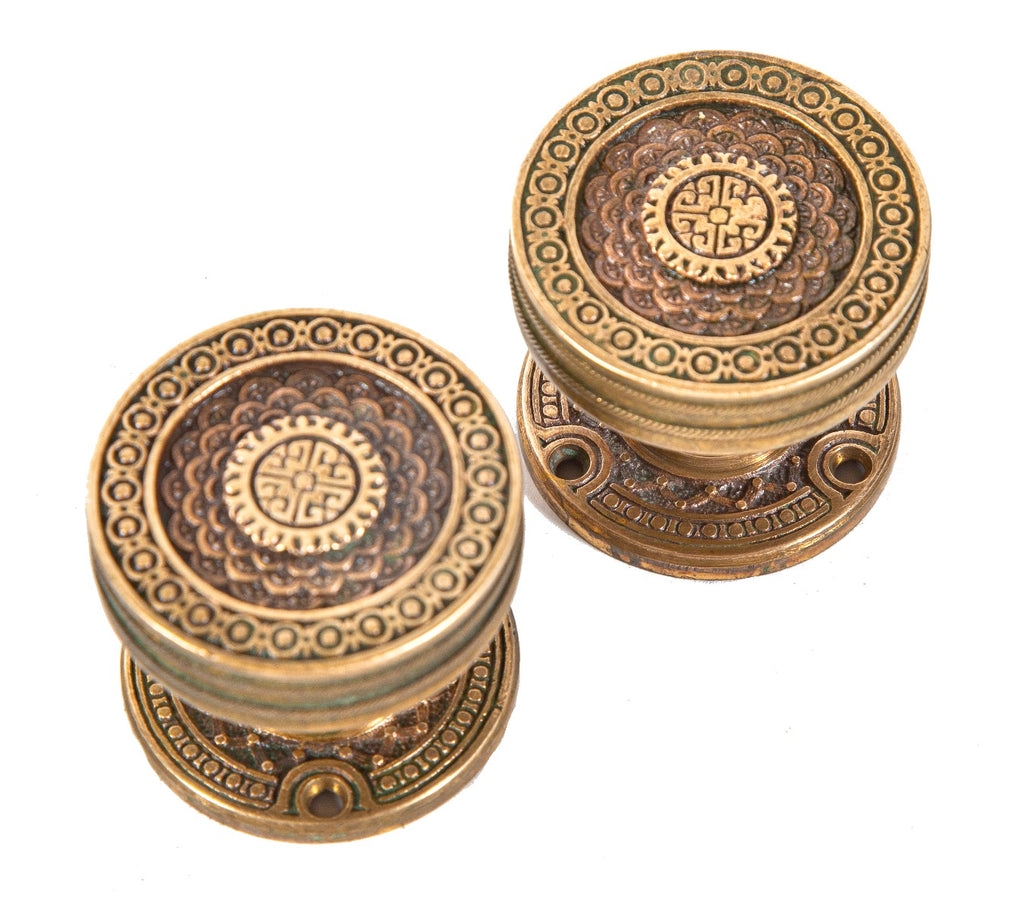 original 19th century salvaged chicago 1880's "brocade" pattern interior residential passage door handles with matching rosettes