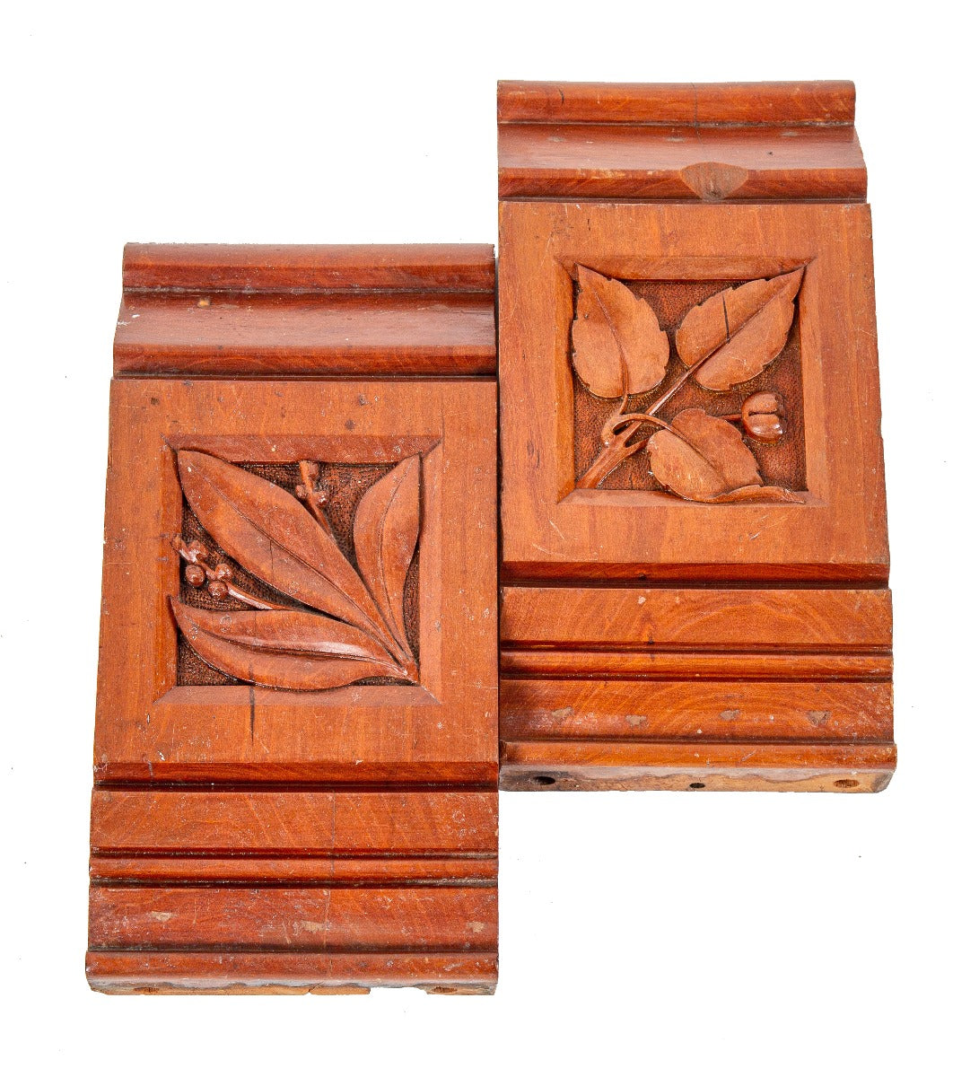 two late 1870's original hand-carved american aesthetic movement interior residential solid cherry wood header blocks with intricate floral motifs