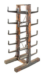 refinished original early 20th century robust factory machine shop custom-built pipe rack comprised of bolted wood and heavy duty cast iron brackets