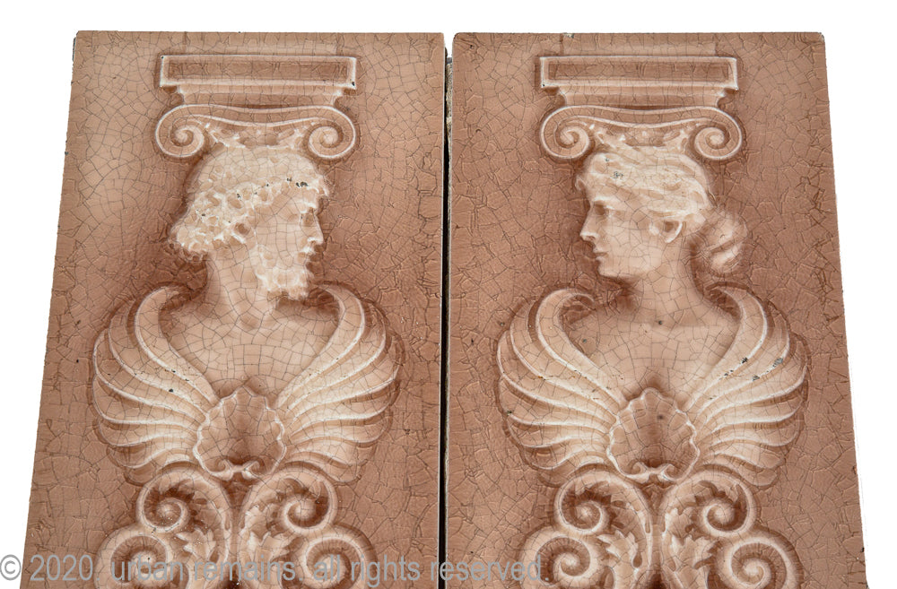 matching set of rare 19th century neoclassical style 30 x 6 inch victorian-era figural tiles by american encaustic tile company