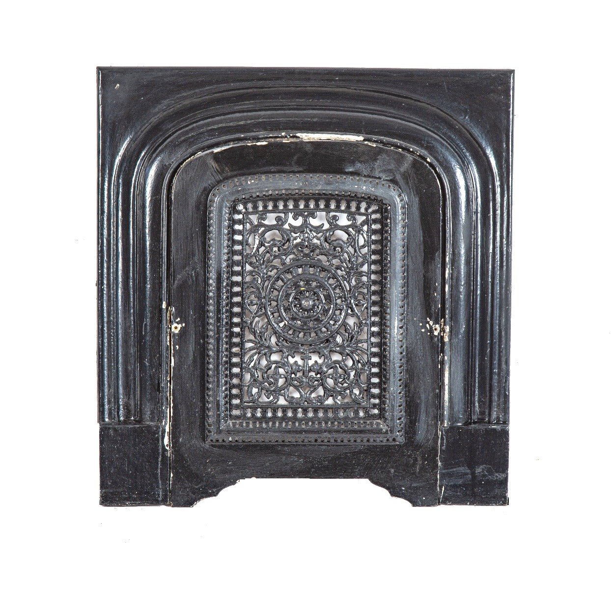 original and intact 1870's post-fire chicago italianate residence ornamental cast iron summer cover and matching surround