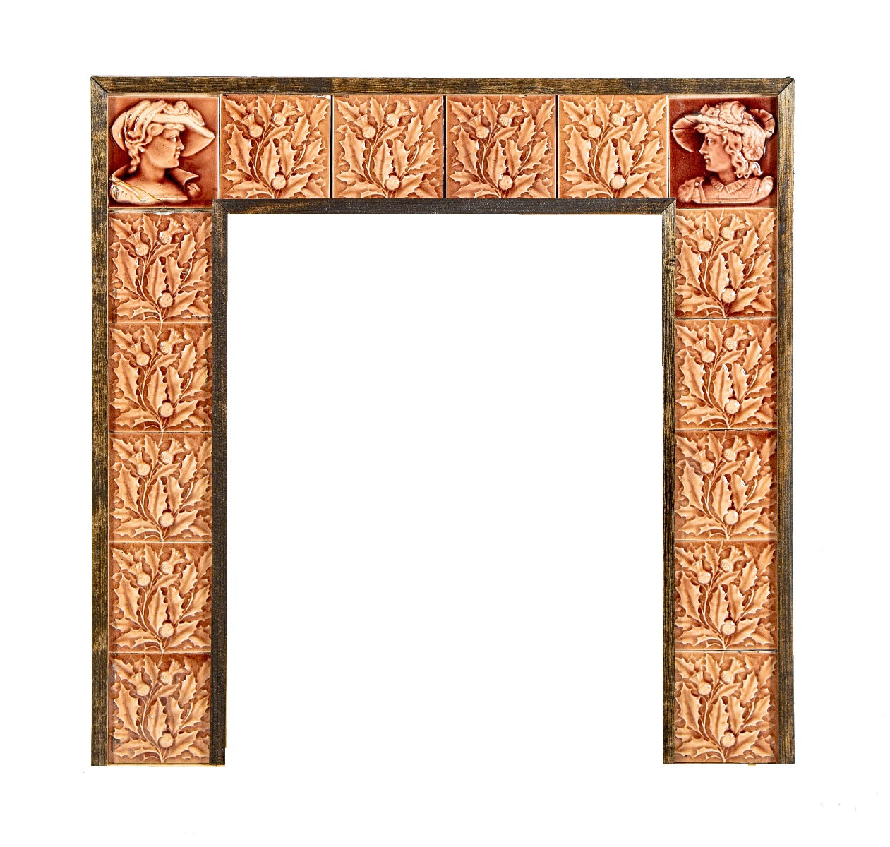 original 19th century salvaged chicago interior residential american victorian "thistle pattern" trent tile fireplace surround
