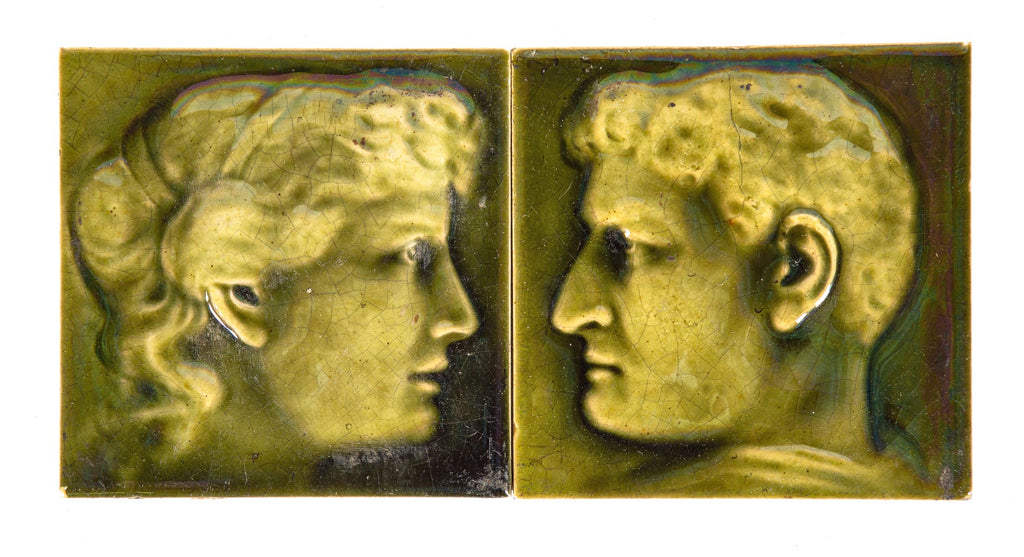 hard to find richly colored salvaged chicago majolica interior residential fireplace figural tiles with allover crazing