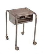 C. 1950's chicago public school salvaged mobile side desk or stand with tubular steel legs and bassick casters