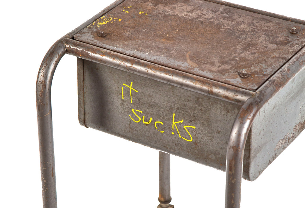C. 1950's chicago public school salvaged mobile side desk or stand with tubular steel legs and bassick casters