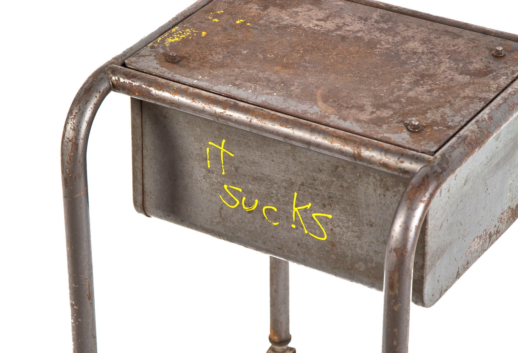 C. 1950's chicago public school salvaged mobile side desk or stand with tubular steel legs and bassick casters