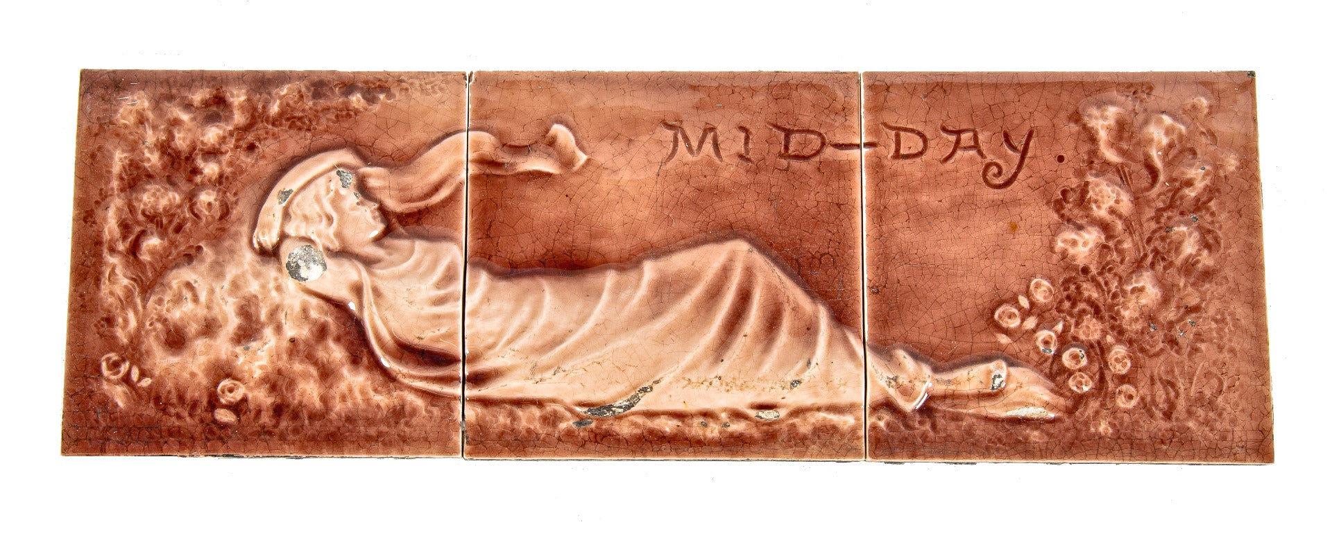 hard to find reddish-brown majolica-glazed 19th century oversized american victorian-era "mid-day" full-figured fireplace tile