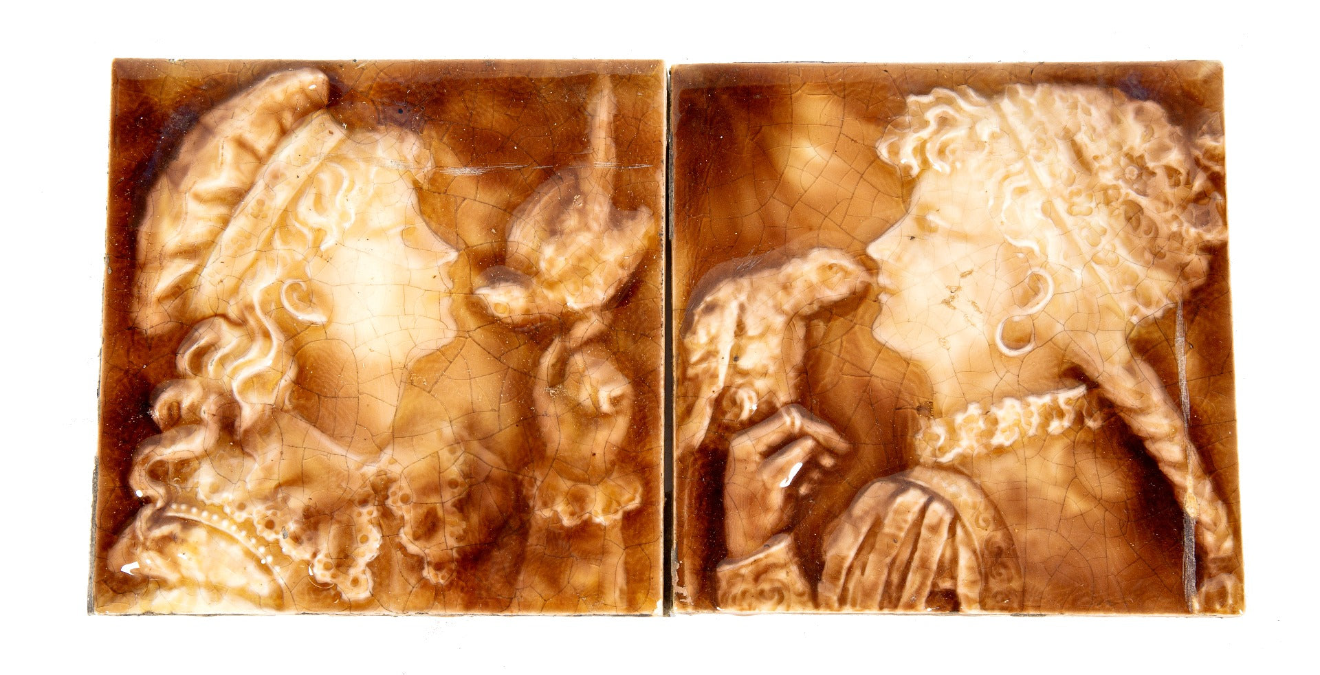 matching set of salvaged chicago 19th century antique american deeply embossed figural tiles with birds