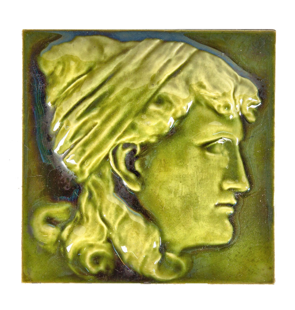 impressively designed antique american olive green figural fireplace tile attributed to isaac broome