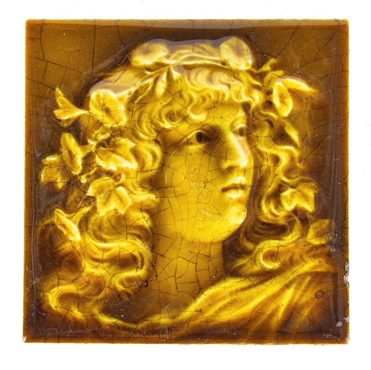 original 19th century salvaged chicago antique american yellowish-green embossed fireplace portrait tile