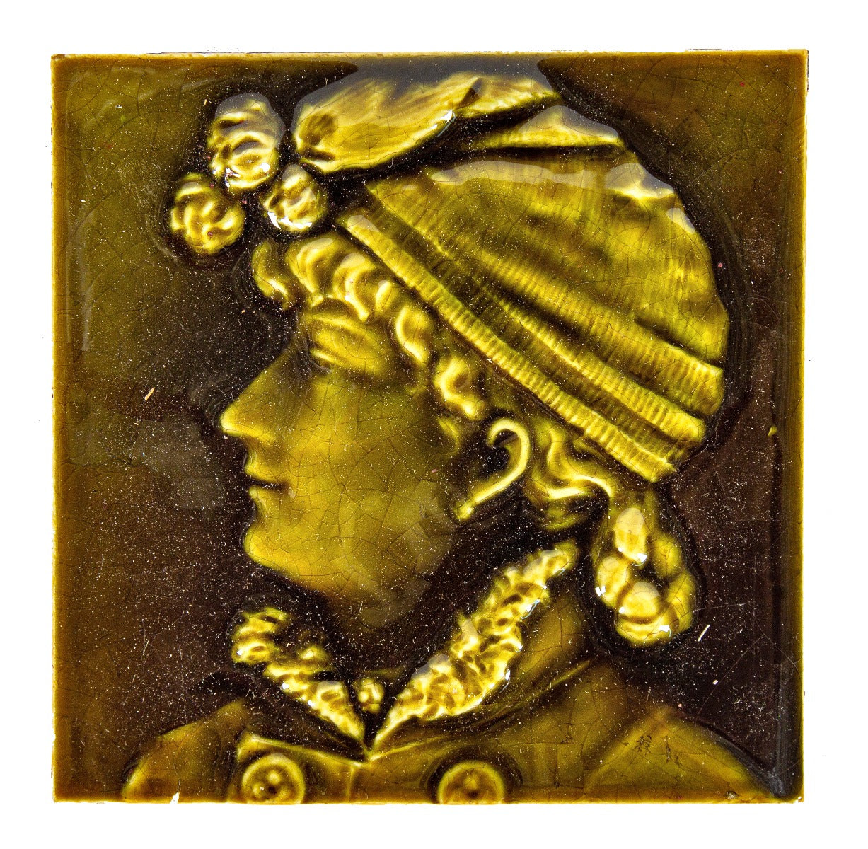 original antique american victorian-era salvaged chicago green majolica glazed figural fireplace tile