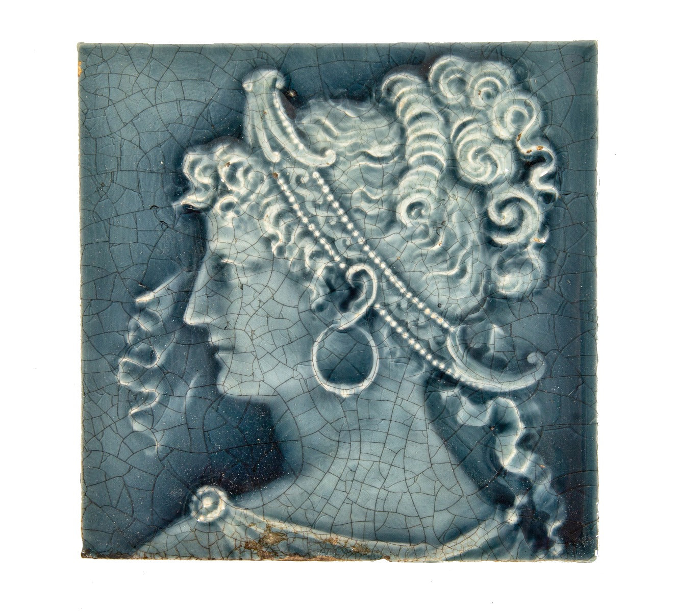 finely-executed original salvaged chicago isaac broome-designed turquoise majolica glazed fireplace figural trent tile