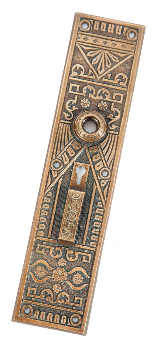 1880s original antique american oversized ornamental cast bronze architectural entrance door backplate with swinging keyhole cover