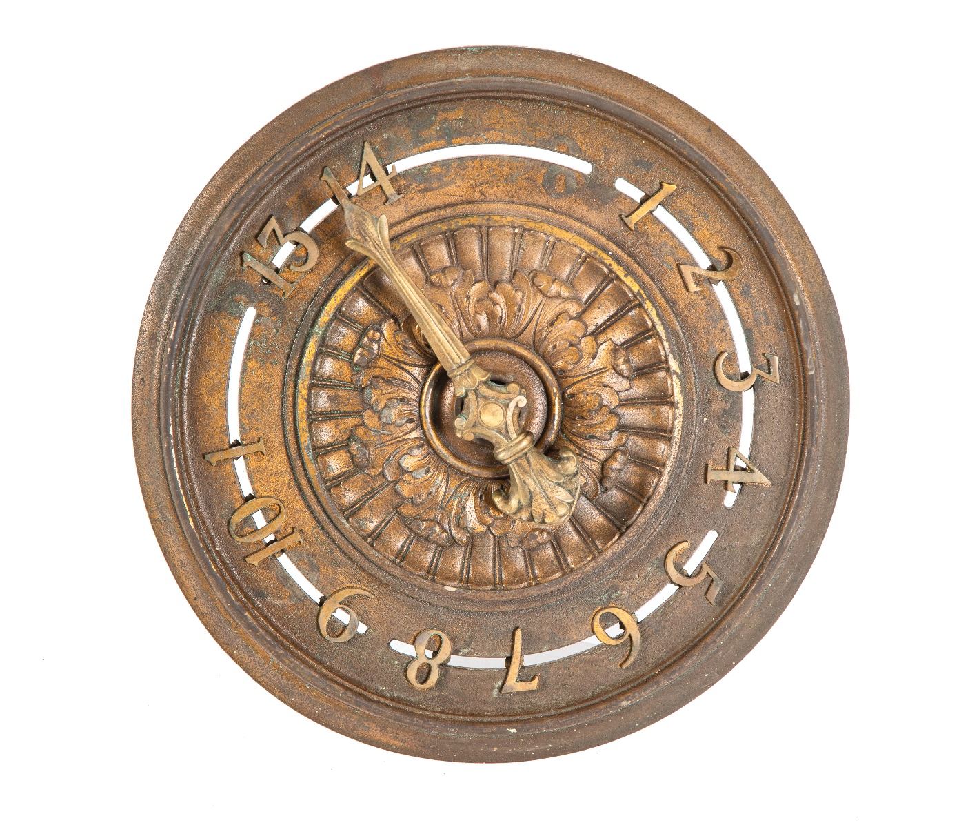 single ornamental plated iron late 19th century salvaged philadelphia united gas improvement company building interior lobby elevator floor indicator with brass arrow