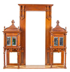 stunning 19th century american aesthetic movement carved cherry wood interior residential overmantel with opposed cabinets containing pagoda style tops