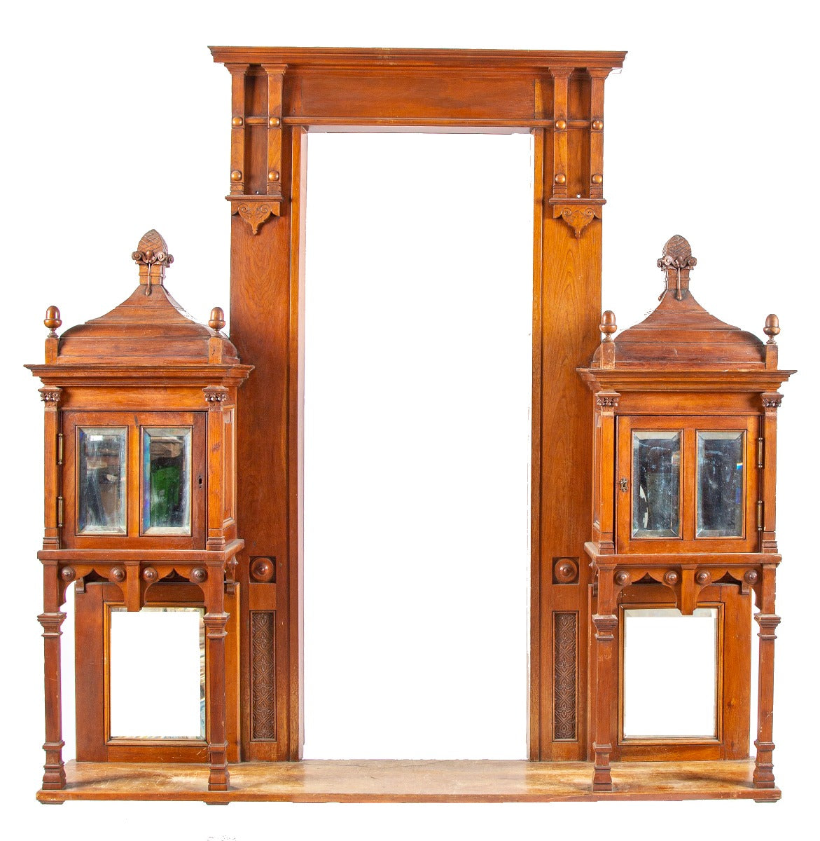 stunning 19th century american aesthetic movement carved cherry wood interior residential overmantel with opposed cabinets containing pagoda style tops