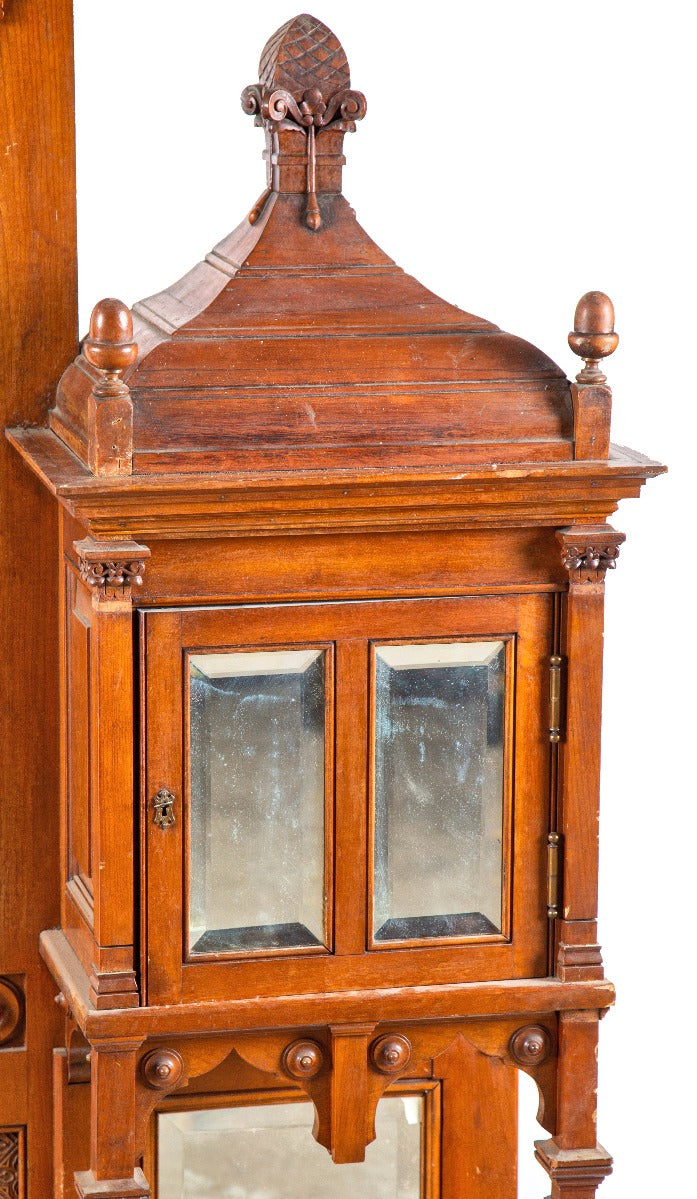 stunning 19th century american aesthetic movement carved cherry wood interior residential overmantel with opposed cabinets containing pagoda style tops