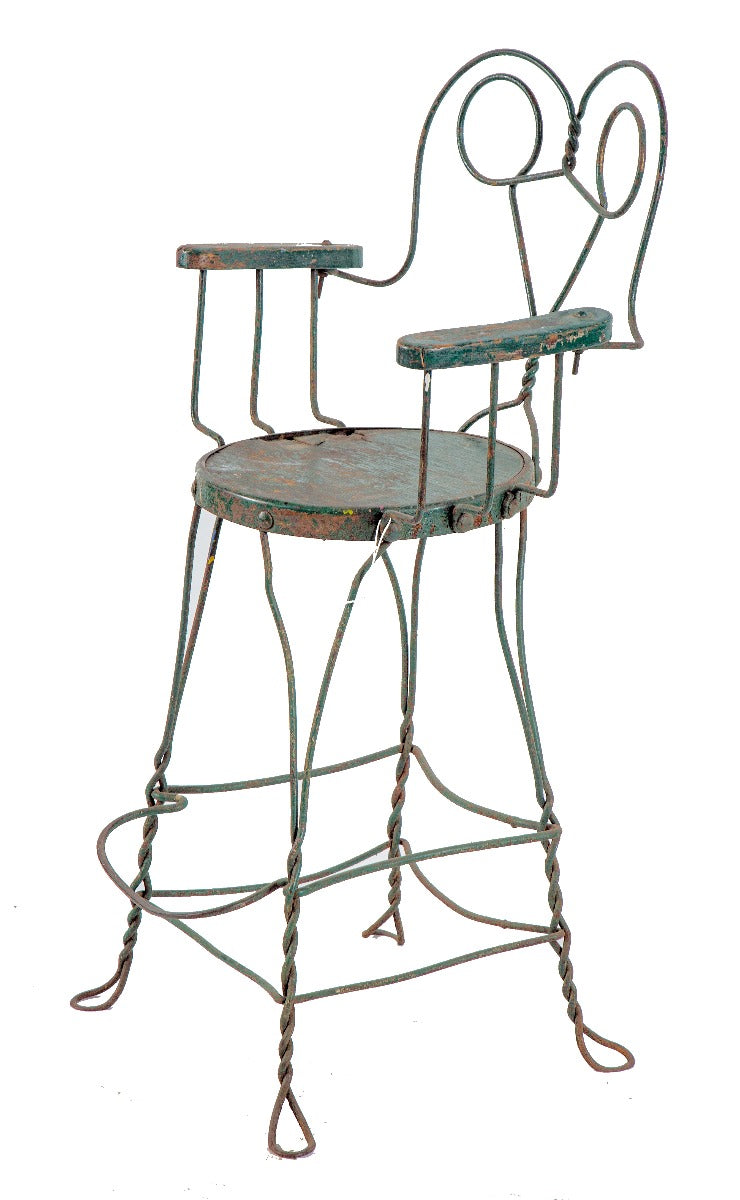 early 20th century american stationary chicago pool hall mill-rolled iron rod spectator chair with original wood seat and armrests