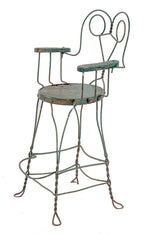 early 20th century american stationary chicago pool hall mill-rolled iron rod spectator chair with original wood seat and armrests