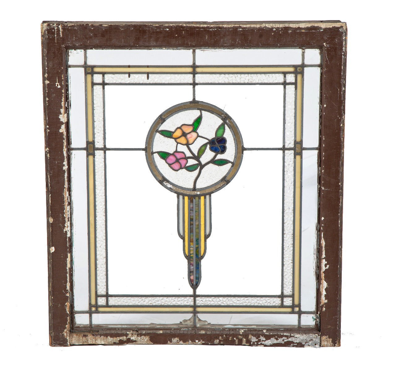 original salvaged chicago interior residential leaded glass window with richly colored centrally located floral motif