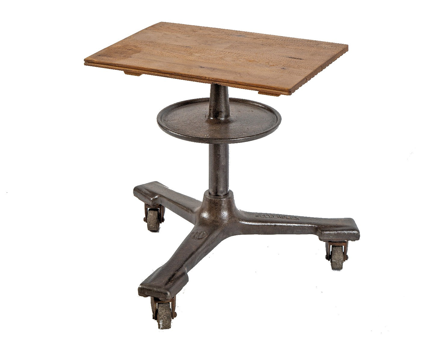 refinished low-lying vintage american industrial cast iron three-legged "kellerflex" machine base with intact swivel casters