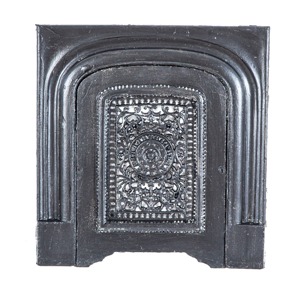 original and fully functional ornamental cast iron salvaged chicago interior residential fireplace summer cover with matching surround