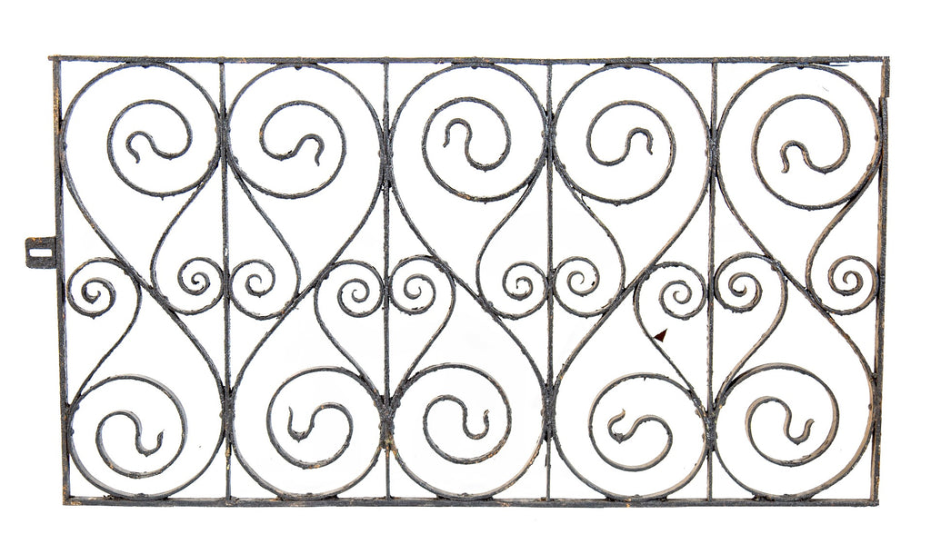 original and intact 19th century antique american salvaged chicago victorian era black enameled decorative wrought iron exterior residential scrolliated window guard
