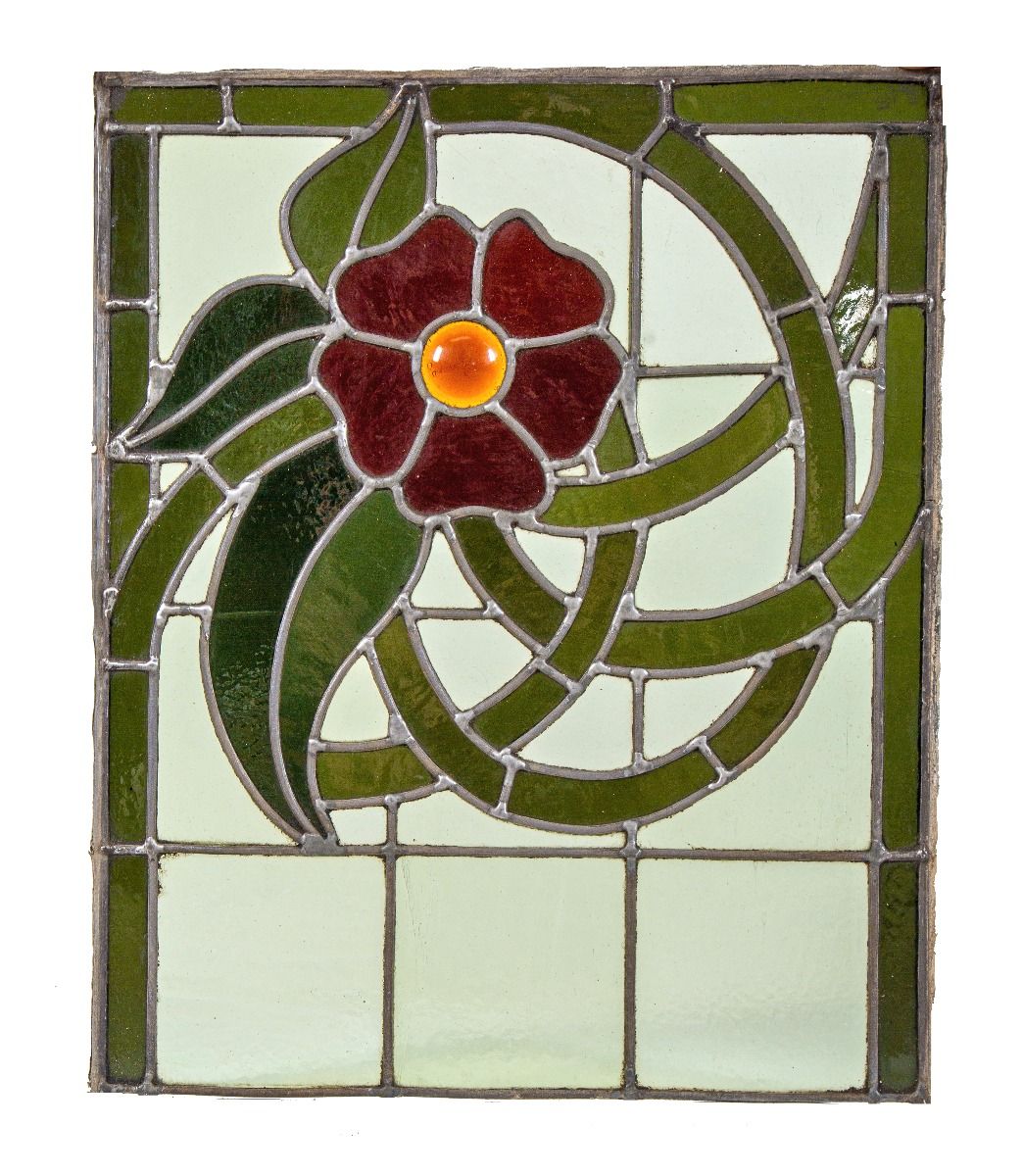 19th century original late 1880's antique american salvaged chicago stained glass window with flower surrounded by leafage