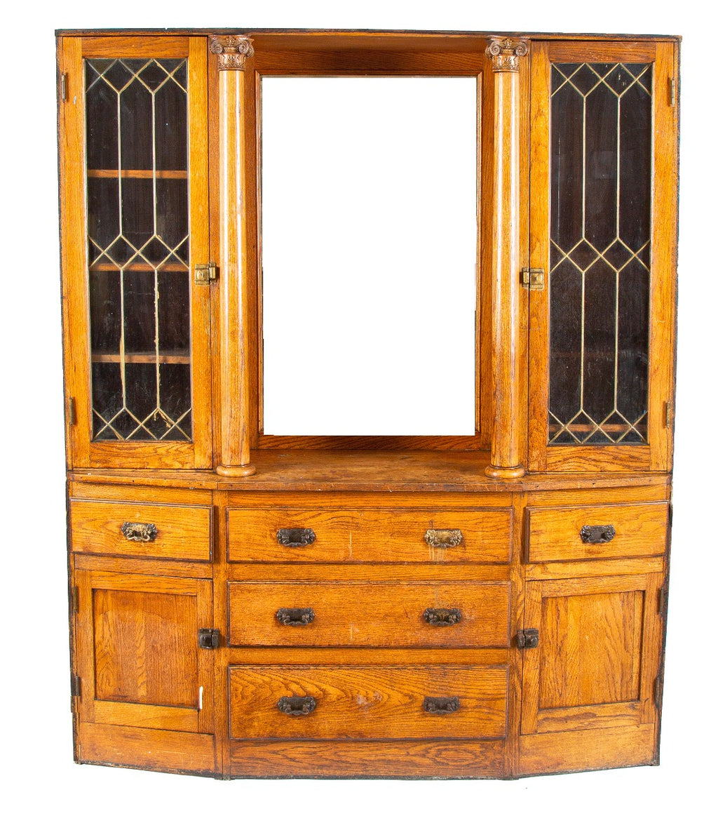 original dated 1914 antique american salvaged chicago solid oak wood late victorian era built-in cabinet