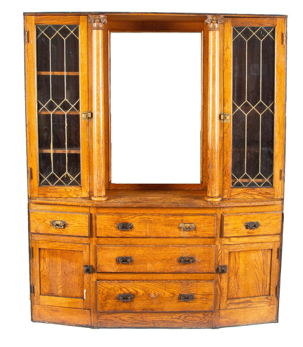 original dated 1914 antique american salvaged chicago solid oak wood late victorian era built-in cabinet