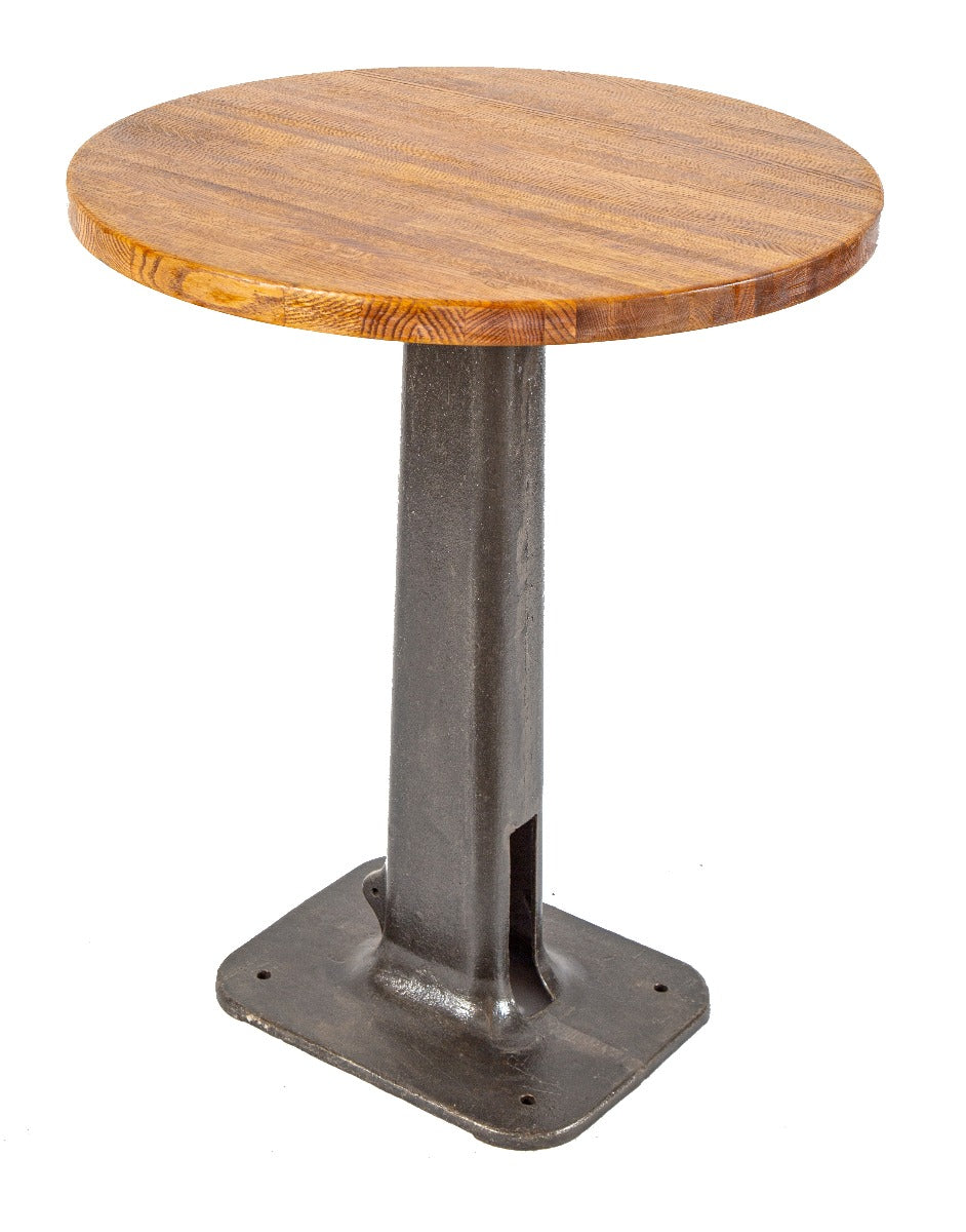 refinished vintage american industrial machine shop high table with cast iron base and solid oak wood top