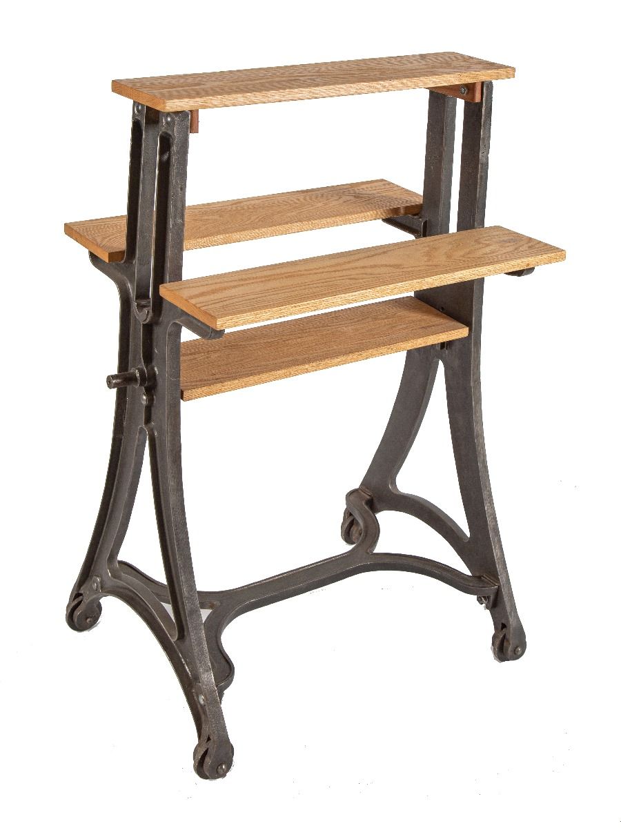 early 20th century american antique solid cast iron industrial commercial repurposed hotel garment washer stand with newly added oak wood display shelves