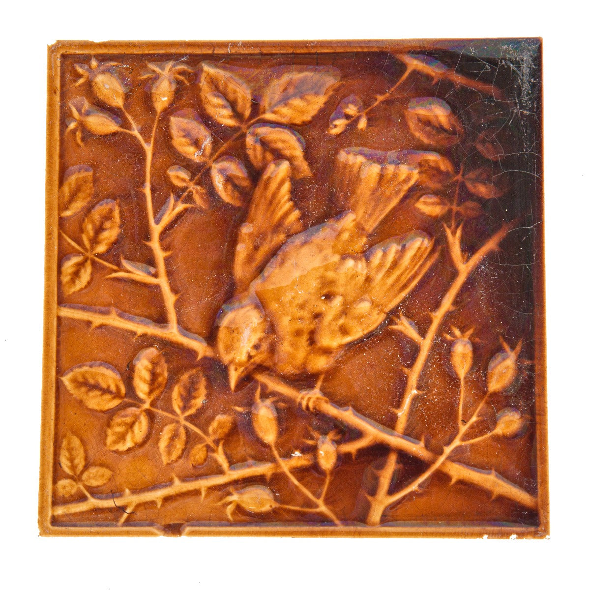 rare all original 19th century salvaged chicago reddish-brown fireplace tile with bird surrounded by leafage
