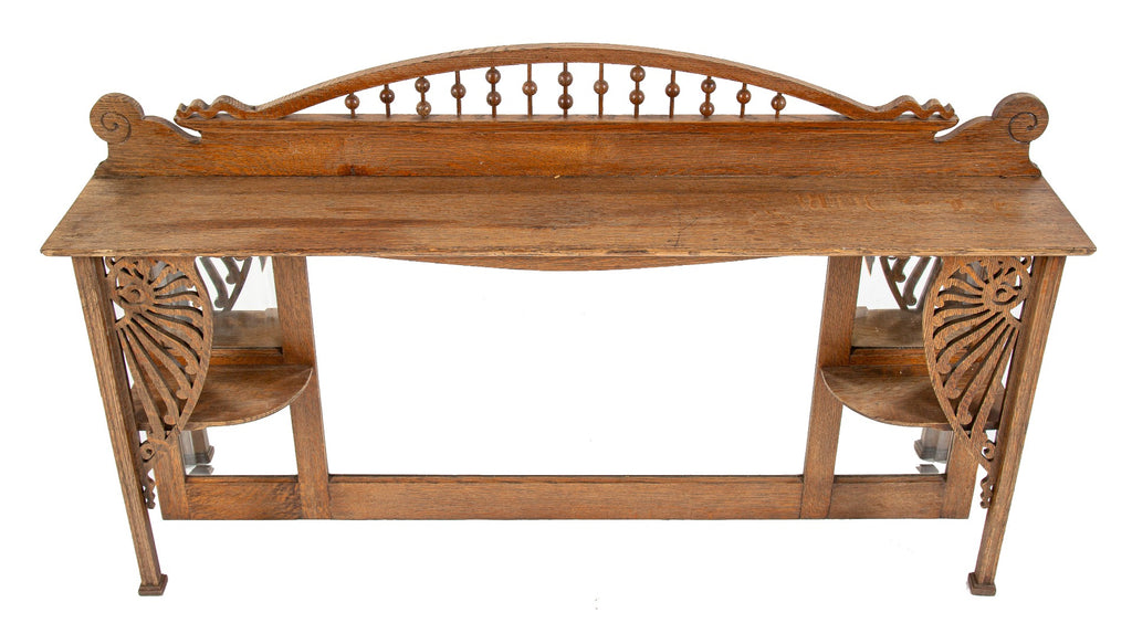 19th century solid oak fireplace overmantel with original varnished finish and beveled edge glass mirrors