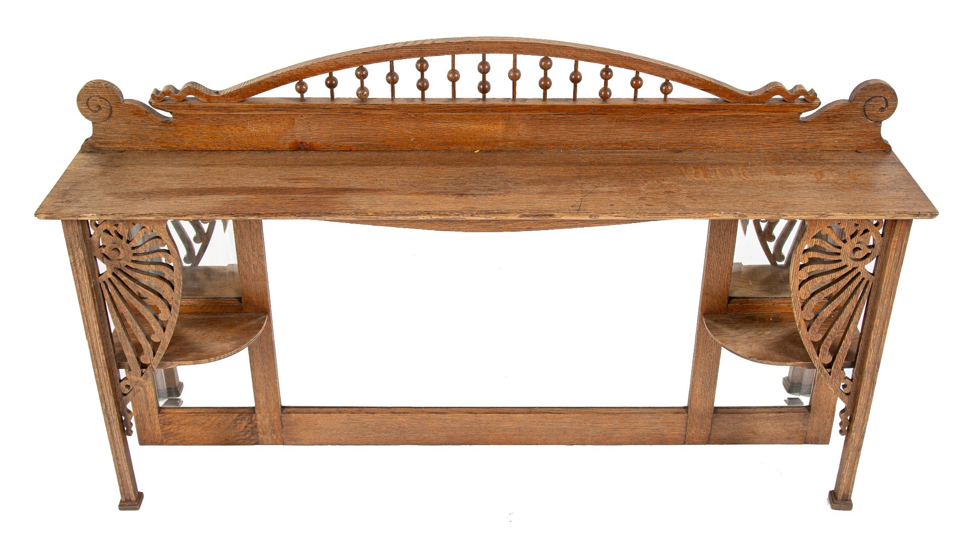19th century solid oak fireplace overmantel with original varnished finish and beveled edge glass mirrors