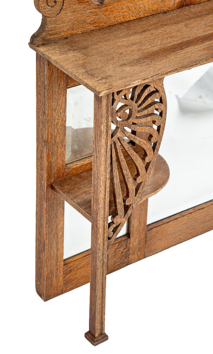 19th century solid oak fireplace overmantel with original varnished finish and beveled edge glass mirrors