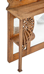 19th century solid oak fireplace overmantel with original varnished finish and beveled edge glass mirrors