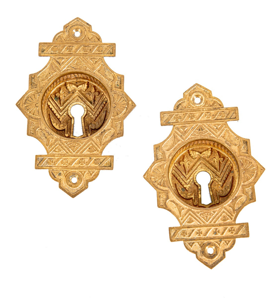 two matching american eastlake style 1880s ornamental cast brass "oriental" pattern branford pocket door backplates