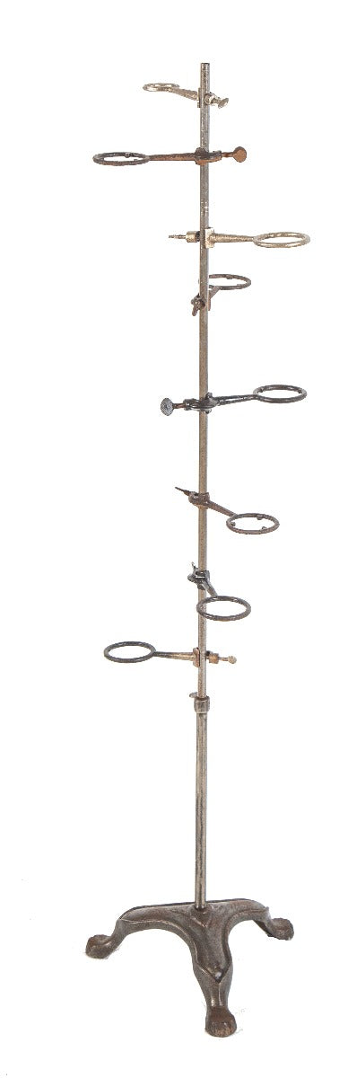 oversized freestanding antique american scientific laboratory retort stand with three-legged ornamental cast iron base