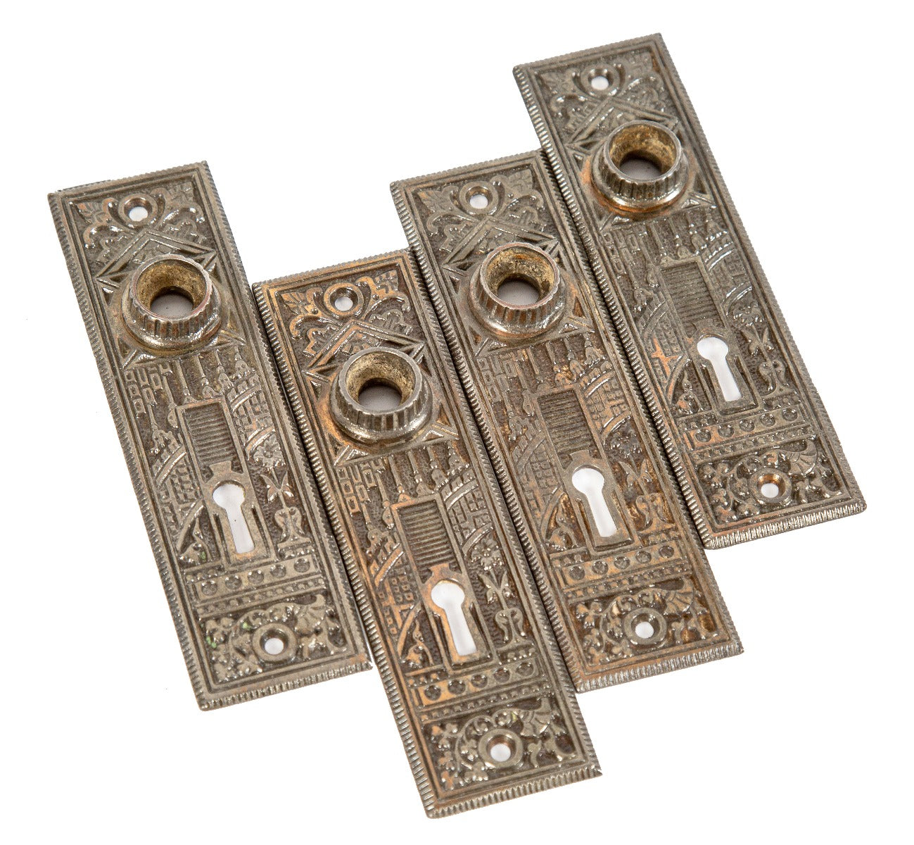 four matching ornamental cast iron "ceylon" pattern eastlake style salvaged chicago passage door backplates