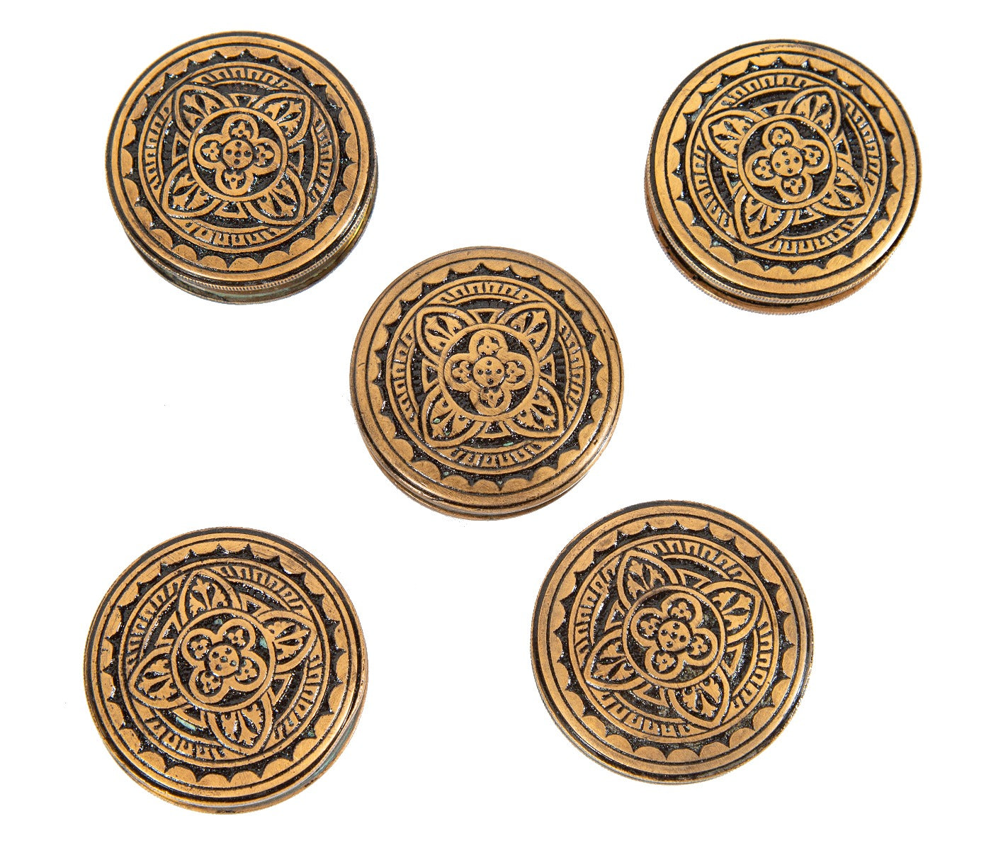 group of five matching 1880's gothic style ornamental cast brass salvaged chicago drum-shaped doorknobs with knurled edges