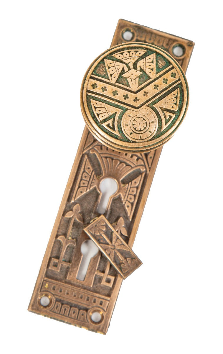 single 19th century original salvaged chicago cast brass vestibule doorknob and matching backplate